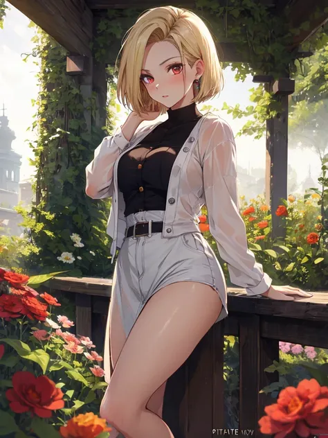 Beauty, cute, Pitiful, garden, android１８Number, (masterpiece), highest quality, 1girl, uhd, retina, masterpiece, ccurate, anatomically correct, textured skin, super detail, high details, high quality, best quality, highres, 4K