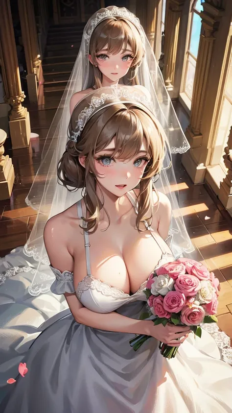 Girl with huge breasts wearing a bra and lace wedding dress ,bridal veil and bouquet at the altar