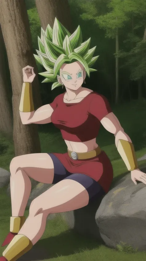 kalessj, 1girl, solo, aqua eyes, green hair, spiked hair, super saiyan, earrings,
red shirt, crop top, short sleeves, wristband,...