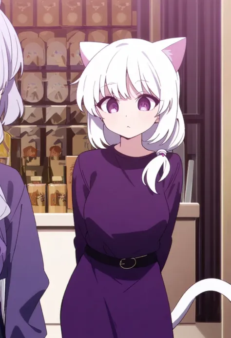 Make a man, 2d with female features white hair, cat ears and tail the same color as the hair, casual purple and white femboy outfits, Light purple eyes mixed with dark feminine features, artwork style:Masayoshi Tanaka