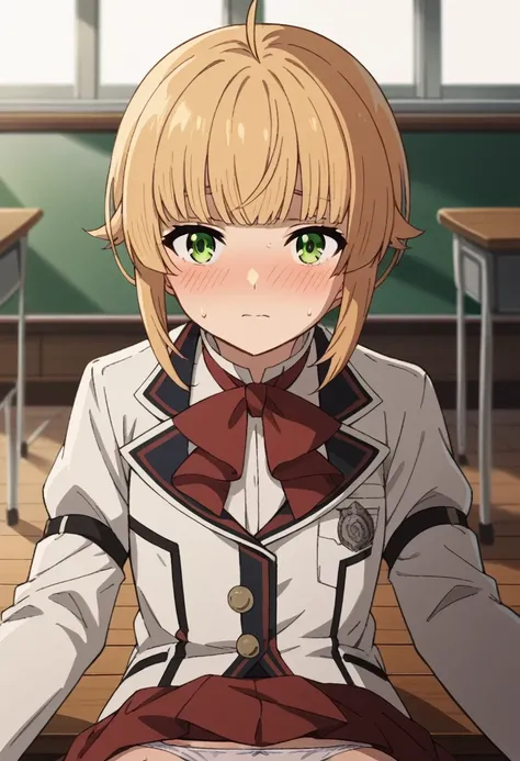 NSFW，POV，looking at viewer，
norngreyrat, norn greyrat, bangs, blonde hair, green eyes, ahoge,
long sleeves, bow，jacket, bowtie, red bow, skirt, red skirt, white jacket,
indoors, classroom, (embrassing,blush:1.2),(vapor:0.8),(Wet:0.8),(Sweat:0.8)，lying，skir...