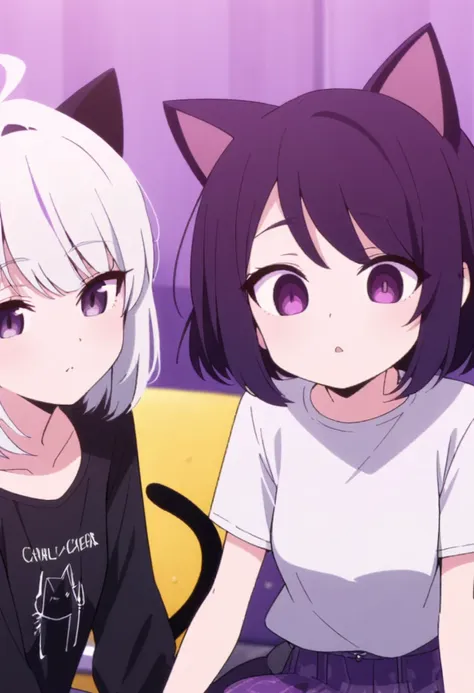 make a man, 2d with female features white hair, cat ears and tail the same color as the hair, casual purple and white femboy out...