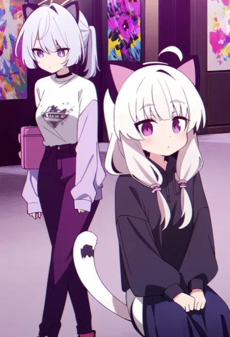 make a man, 2d with female features white hair, cat ears and tail the same color as the hair, casual purple and white femboy out...