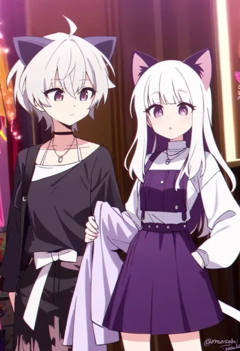 make a man, 2d with female features white hair, cat ears and tail the same color as the hair, casual purple and white femboy out...