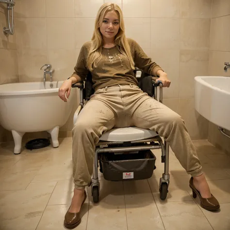 Blonde girl in wheelchair, in bathroom, defecating, pantalones manchado de feces, wheelchair seat (feces) poop stained legs