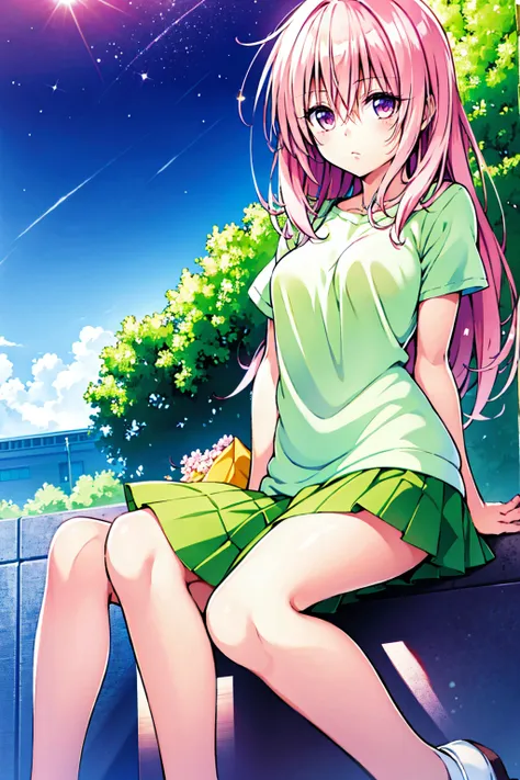 to love-ru　　peach　anime girl with pink hair and green skirt sitting on a rock, anime visual of a cute girl, smooth anime cg art,...