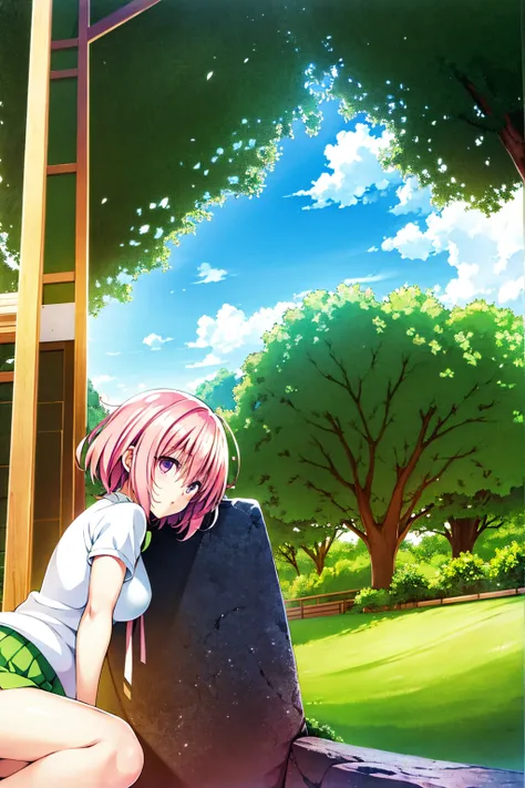 to love-ru　　peach　anime girl with pink hair and green skirt sitting on a rock, anime visual of a cute girl, smooth anime cg art,...