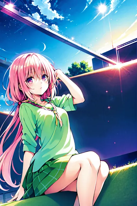 to love-ru　　peach　anime girl with pink hair and green skirt sitting on a rock, anime visual of a cute girl, smooth anime cg art,...