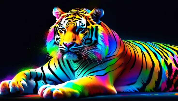 painting of a tiger with colorful hair sitting on a floor, black background, bright color, HDR color, rainbow color, , tiger. digital painting, colorful digital painting, digital art Wildlife photo, digital painting, highly detailed, beautiful digital art,...