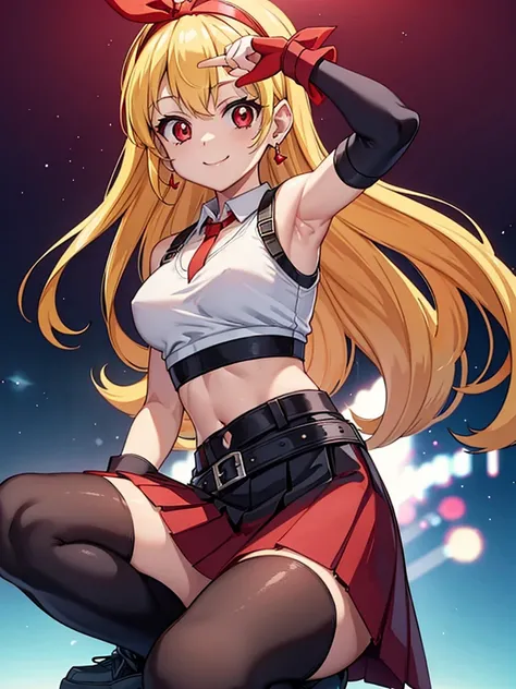 (RED Ribbon on HAIRband:1.2),a young anime character sitting and pointing her finger down towards the camera, 1girl, solo, long hair, Small breasts, cosplay, skirt, tifa lockhart, thighhighs, jewelry, armpits, navel, arms up, crop top, blonde hair, looking...