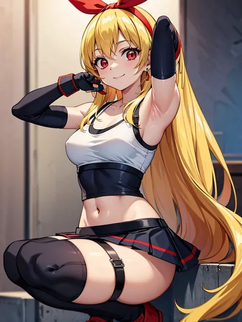 (RED Ribbon on HAIRband:1.2),a young anime character sitting and pointing her finger down towards the camera, 1girl, solo, long hair, Small breasts, cosplay, skirt, tifa lockhart, thighhighs, jewelry, armpits, navel, arms up, crop top, blonde hair, looking...