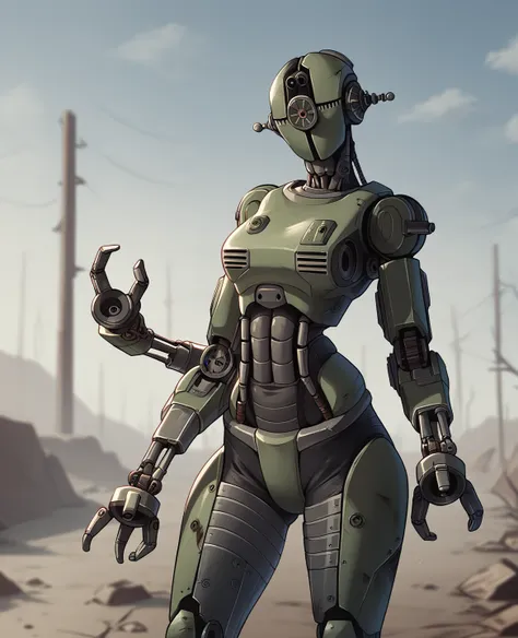 score_9, score_8_up, score_7_up, score_6_up, score_5_up, source_furry, assaultron, fallout, 1girl, solo, breasts, looking at vie...