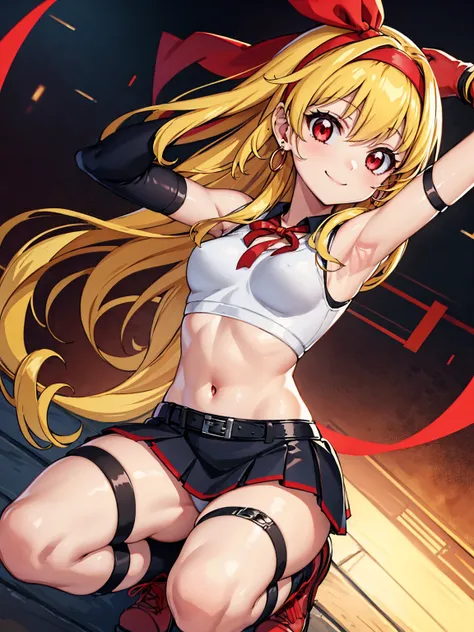 (RED Ribbon on HAIRband:1.2),a young anime character sitting and pointing her finger down towards the camera, 1girl, solo, long hair, Small breasts, cosplay, skirt, tifa lockhart, thighhighs, jewelry, armpits, navel, arms up, crop top, blonde hair, looking...