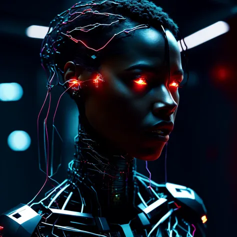 armor, black girl, black woman, a girl with wires on her face and body, indoors, dark room, cyborg, cyberpunk, antipodeans, nigh...