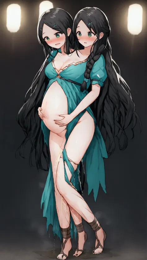 anime. 1 girl. two heads. siamese twins. slave. pregnant. black hair. long hair. hair is gathered in braids. green eyes. beautif...