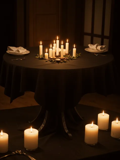 real image of a ritual on a table with a black tablecloth with burning black candles, on the table there is a table with a penta...