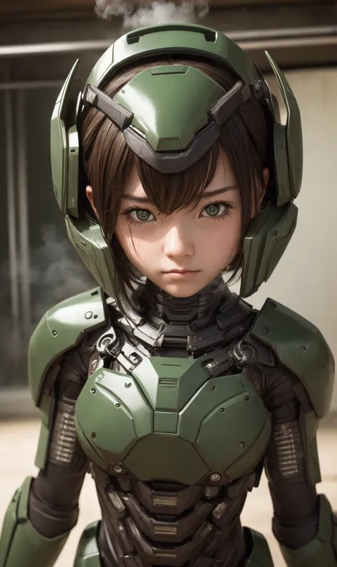 Textured skin, Very detailed, Attention to detail, high quality, 最high quality, High resolution, 1080P, hard disk, beautiful,(War Machine),beautifulサイボーグ女性,Dark Green Mecha Cyborg Girl,Fight,Girl with a mechanical body,、Kindergarten girl　Boyish short hair、...