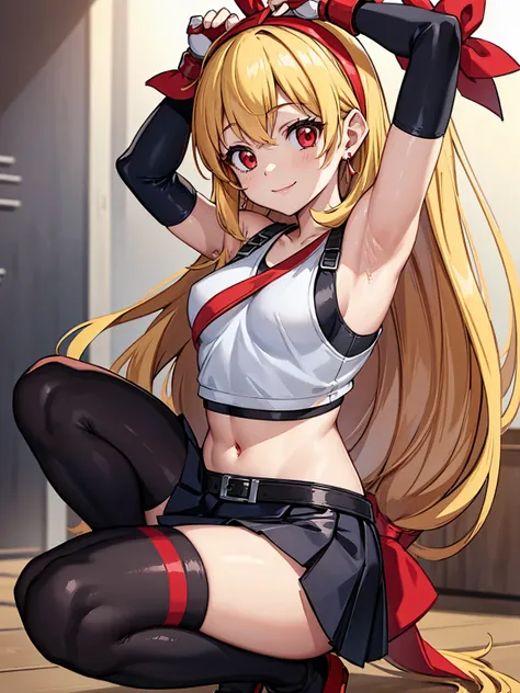 (RED Ribbon on HAIRband:1.2),a young anime character sitting and pointing her finger down towards the camera, 1girl, solo, long hair, Small breasts, cosplay, skirt, tifa lockhart, thighhighs, jewelry, armpits, navel, arms up, crop top, blonde hair, looking...