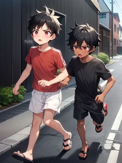 Residential Street,running,Little Boy,Spiked Hair,Black Hair,blush,Red T-shirt,Black shorts,Brown Sandals,Dark Skin,rain,Wet,shy,Blue sandals,Open your mouth,Sweat,fog,panic,