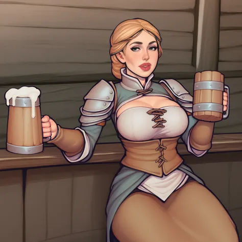 medieval fantasy, bar background, female innkeeper behind bar, holding a mug filled to the brim of ale