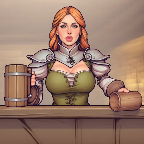 medieval fantasy, bar background, female innkeeper behind bar, holding a mug filled to the brim of ale