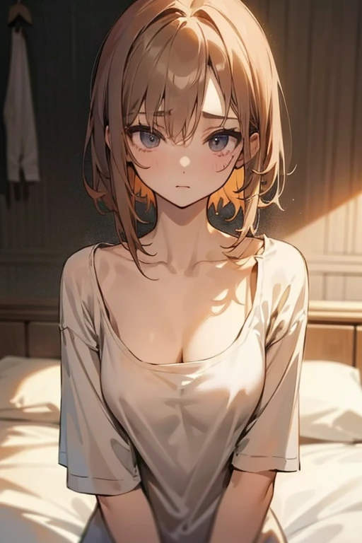 Very big shirts、loose T-Shirts、beautiful girl、Her neck is loose and her cleavage is visible、Beautiful clavicle、slender、small breasts、Small breastodest chest