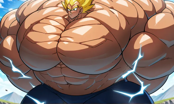 1boy, Vegeta, from Dragon Ball Z, masterpiece, best quality, very aesthetic, absurdres, saiyan, green eyes, spiked hair, (yellow hair:1.5), shirtless, blue skintight pants, white gloves, (huge muscles:3), Dragon Ball Z artstyle, in the style of Akira Toriy...