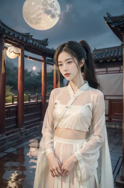 (((best quality))),(((ultra detailed))),(((masterpiece))),illustration,((1 beautiful girl,solo)),(short ponytail:1.2),((bright eyes,gentle smile)),((slim,thin)),((small breasts,flat chest)),(white see through sheer Hanfu:1.3),flowing fabric,serene demeanor...