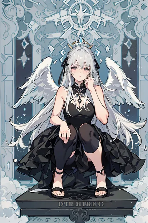 Highest quality)), ((masterpiece)), (detailed), One girl,Silver Hair,Long Hair，Dark Skin,Wearing a black sleeveless dress，Wear black high heels，Squatting pose on top of a chimney,Morning sky，cloud，He has black wings on his back like a fallen angel.，Look aw...