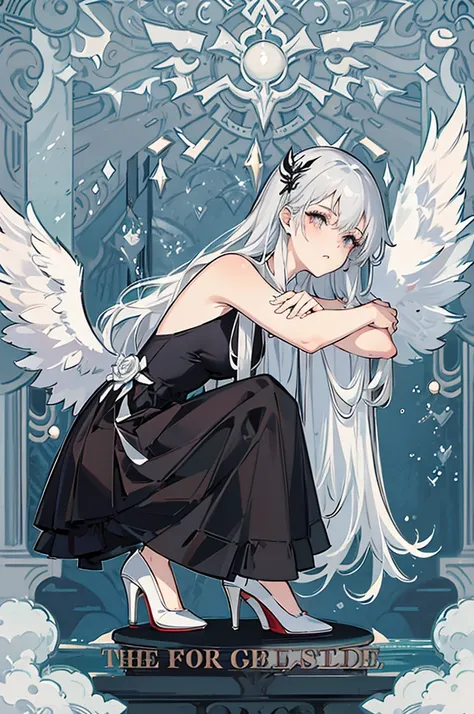 Highest quality)), ((masterpiece)), (detailed), One girl,Silver Hair,Long Hair，Dark Skin,Wearing a black sleeveless dress，Wear black high heels，Squatting pose on top of a chimney,Morning sky，cloud，He has black wings on his back like a fallen angel.，Look aw...