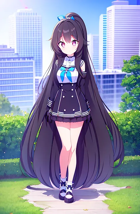 hair length about 5 meters girl long_hair black_hair tall black_uniform highschool 1girl high ponytail