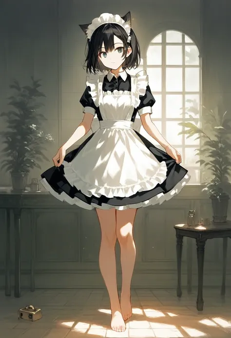 (score_9,score_8_superior,score_7_superior,score_6_superior,score_5_superior,score_4_superior),One girl,alone,Maid,Maid headdress,View your viewers,apron,Black Hair,Cat Pose,Lock,Maid服,indoor,Black Hair,barefoot,Feet Focus,