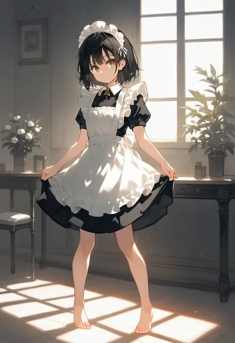 (score_9,score_8_superior,score_7_superior,score_6_superior,score_5_superior,score_4_superior),One girl,alone,Maid,Maid headdress,View your viewers,apron,Black Hair,Cat Pose,Lock,Maid服,indoor,Black Hair,barefoot,Feet Focus,