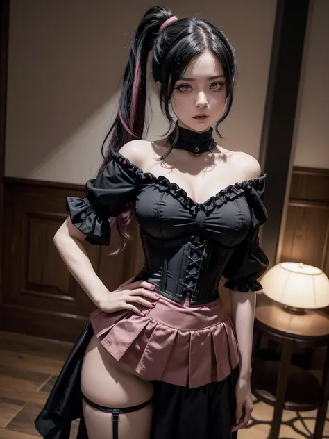  an anime girl with black hair with pink tips tied in a ponytail with one red eye with black sclera and the other red-purple (with a black CORSET with wine and an open skirt from the sides to the hips with black gothic sleeves) height of 1.50,bust size D 2...