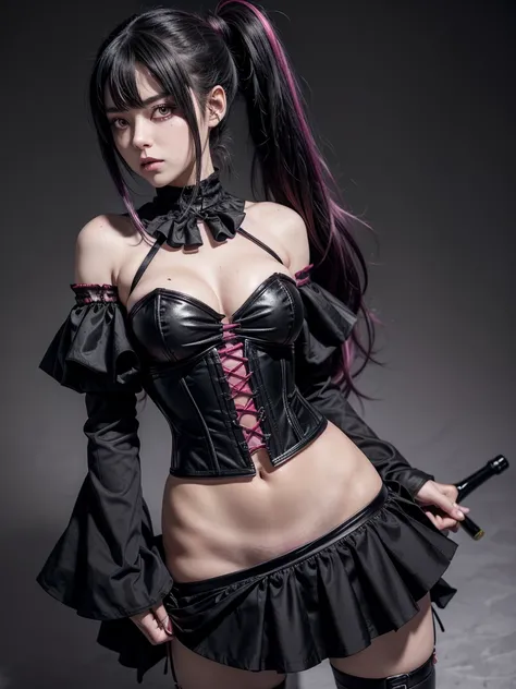  an anime girl with black hair with pink tips tied in a ponytail with one red eye with black sclera and the other red-purple (with a black CORSET with wine and an open skirt from the sides to the hips with black gothic sleeves) height of 1.50,bust size D 2...