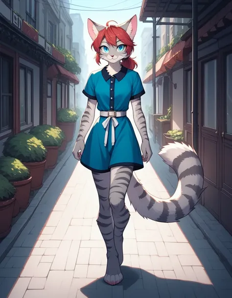 score_9,score_8_up,score_7_up, kemono style, Kat, Anthro furry feline, silver fur, grey stripes on body, blue eyes, short wavy blonde hair, red hair tie, pink nose, :3, wearing blue checkered romper, white belt,  full body shot, barefoot feet paws 4 toes, ...