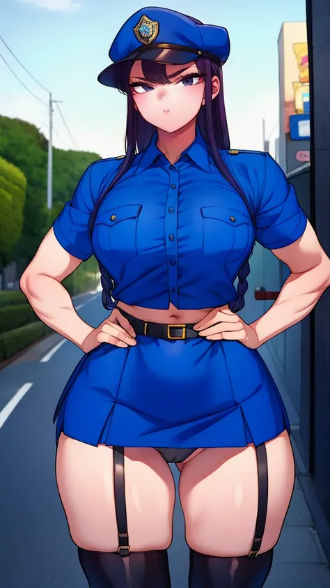 a cartoon character in a sexy suit posing on the street with a bush, police officer, police uniform, 1 girl, police woman, shirt, skirt, hat, tie, police cap, blue eyes, gloves, breasts, purple hair very dark, thighs, solo, navel, garter straps, looking at...