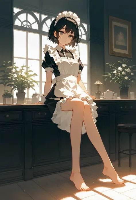 (score_9,score_8_superior,score_7_superior,score_6_superior,score_5_superior,score_4_superior),One girl,alone,Maid,Maid headdress,View your viewers,apron,Black Hair,Maid服,indoor,Black Hair,barefoot,Feet Focus,