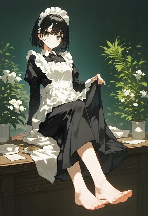 (score_9,score_8_superior,score_7_superior,score_6_superior,score_5_superior,score_4_superior),One girl,alone,Maid,Maid headdress,View your viewers,apron,Black Hair,Maid服,indoor,Black Hair,barefoot,Feet Focus,