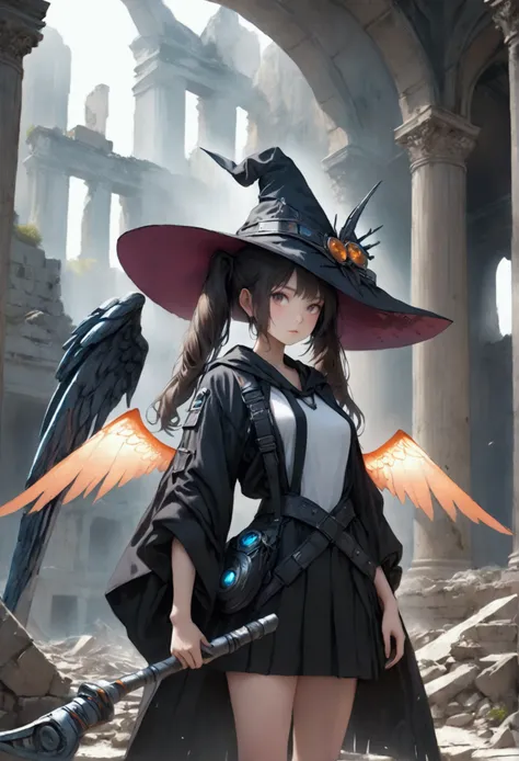 a beautiful girl wearing a witch hat with twin tails, holding a scythe, with angel wings and sci-fi clothes, in the ruins of an ancient civilization, (best quality,4k,8k,highres,masterpiece:1.2),ultra-detailed,(realistic,photorealistic,photo-realistic:1.37...