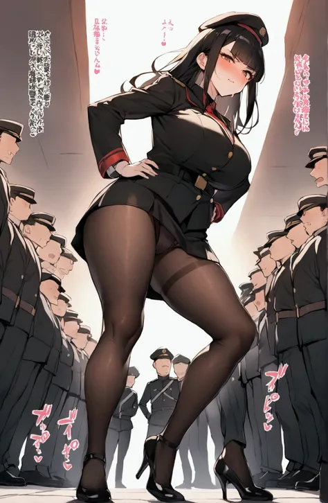 One Woman、Many people々、Beauty、soldier、military base、女性soldier、crowd、jet black military uniform、beret、Short tight skirt、soldier、30 years old、Model standing、Hands on hips、Looking down at the viewer,stepping on someone with high heels、 Long Hair、High kick a m...