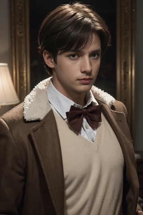 Roman Emperor Augustus as The Doctor from Doctor Who, wearing a brown cardboard like color buttoned up coat jacket that covers a white long sleeve polo featuring an english spread collar and a brownish red bowtie, he looks like his mid 30s with short brown...