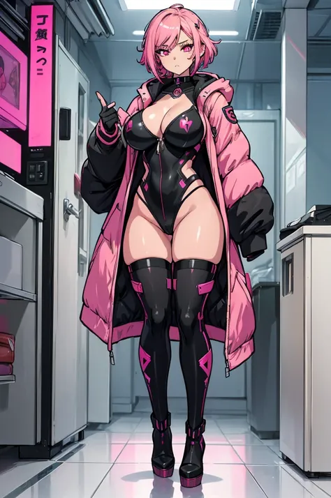 (masterpiece, best quality, high resolution, (huge breasts)) 1 girl, very short pink hair, pink eyes, cyberpunk-style long-sleeved hooded coat, black stockings, expressionless choker, boots(white background, Stickers.Redmond) , ((full body standing)),
