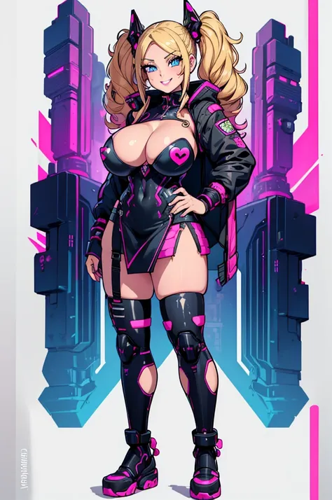 (masterpiece, best quality, high resolution, (huge breasts)) 1 girl, blonde hair gathered in 2 curly pigtails, blue eyes, pink lips, cyberpunk style estraple, cyberpunk style miniskirt, long striped stockings, flirtatious smile, flirtatious posture, (white...