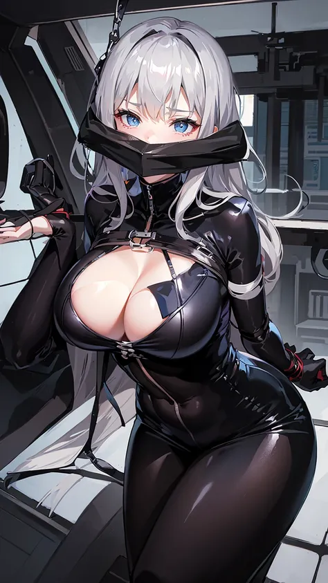 ((masterpiece, Highest quality, Anime Style, Bondage)), 
((One girl, Gagged around the mouth with shiny tape, Put your arms behind your back, Hands tied)), Maidens in Distress, , Girl in danger, 

break girl, Highly detailed eyes, Gray Hair, (Huge breasts:...