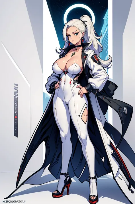 (masterpiece, best quality, high resolution, (huge breasts)) woman, very straight long white hair, white cyberpunk style business woman suit, earrings and choker, high heels, pantyhose, serious posture, (white background, Stickers.Redmond) , ((full body st...