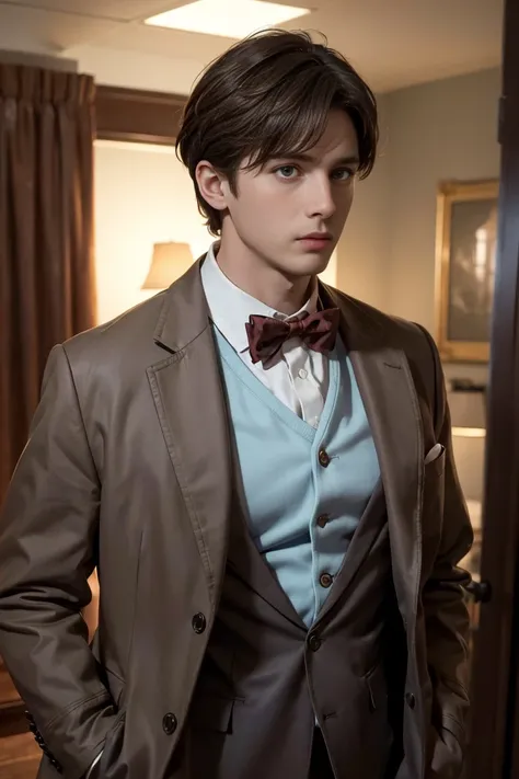 Roman Emperor Augustus as The Doctor from Doctor Who, wearing a brown cardboard like color buttoned up coat jacket that covers a white long sleeve polo featuring an english spread collar and a brownish red bowtie, he looks like his mid 30s with short brown...