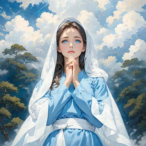 Beautiful woman with light blue eyes wearing a blue tunic with wide, long sleeves adjusted at the waist by a white sash, She is praying in the clouds 