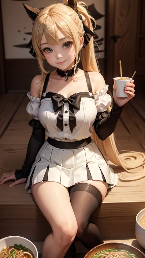 masterpiece, top quality, bewitching pose, full body wide angle, smile, (sitting:1.1) ,ichiraku ramen, (eating ramen noodles:1.0), holding chopsticks and ramen bowl, slurp ones noodles,, silence suzuka (umamusume), black gloves, white skirt, pleated skirt,...