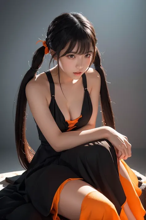 Create an ultra-realistic, lifelike image of a Japanese beauty character with long black hair in twin-tails. She is wearing a thin, flowing orange dress that appears to be intertwined with a liquid-like substance. The character is seated, hugging her knees...